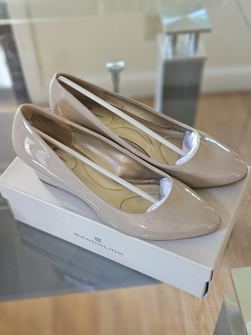 Bandolino Patent Nude/Taupe Low Wedge Flats